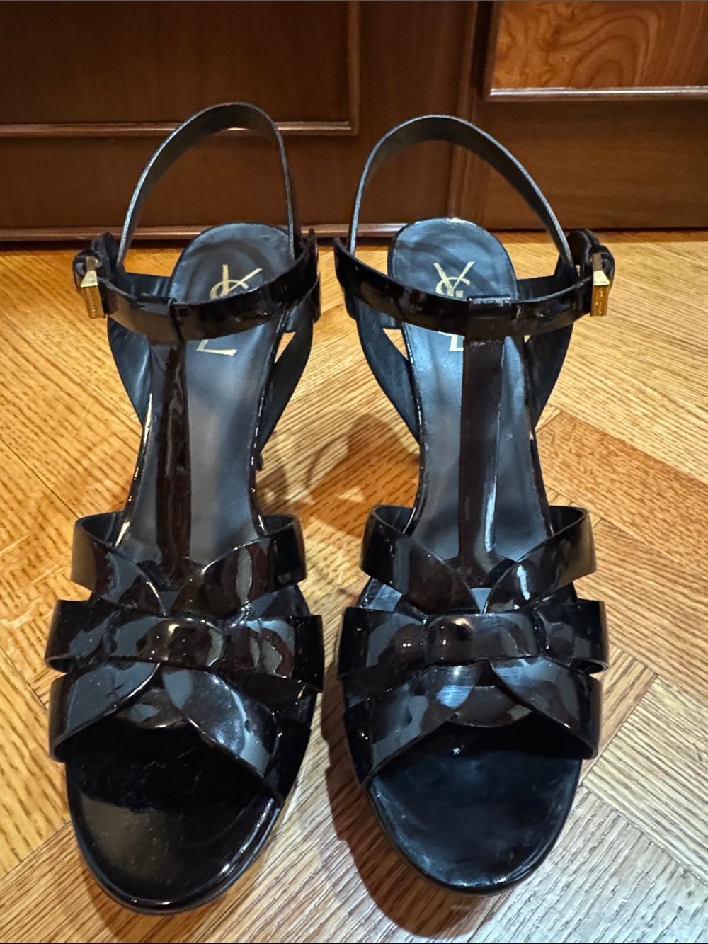 Saint Laurent Black Patent Leather T-Strap Knot Sandals